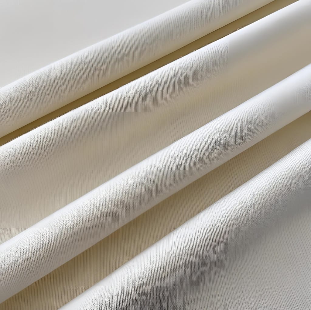 Close-up view of smooth, white cotton fabric with a subtle textured pattern, softly draped to showcase its lightweight and airy quality.