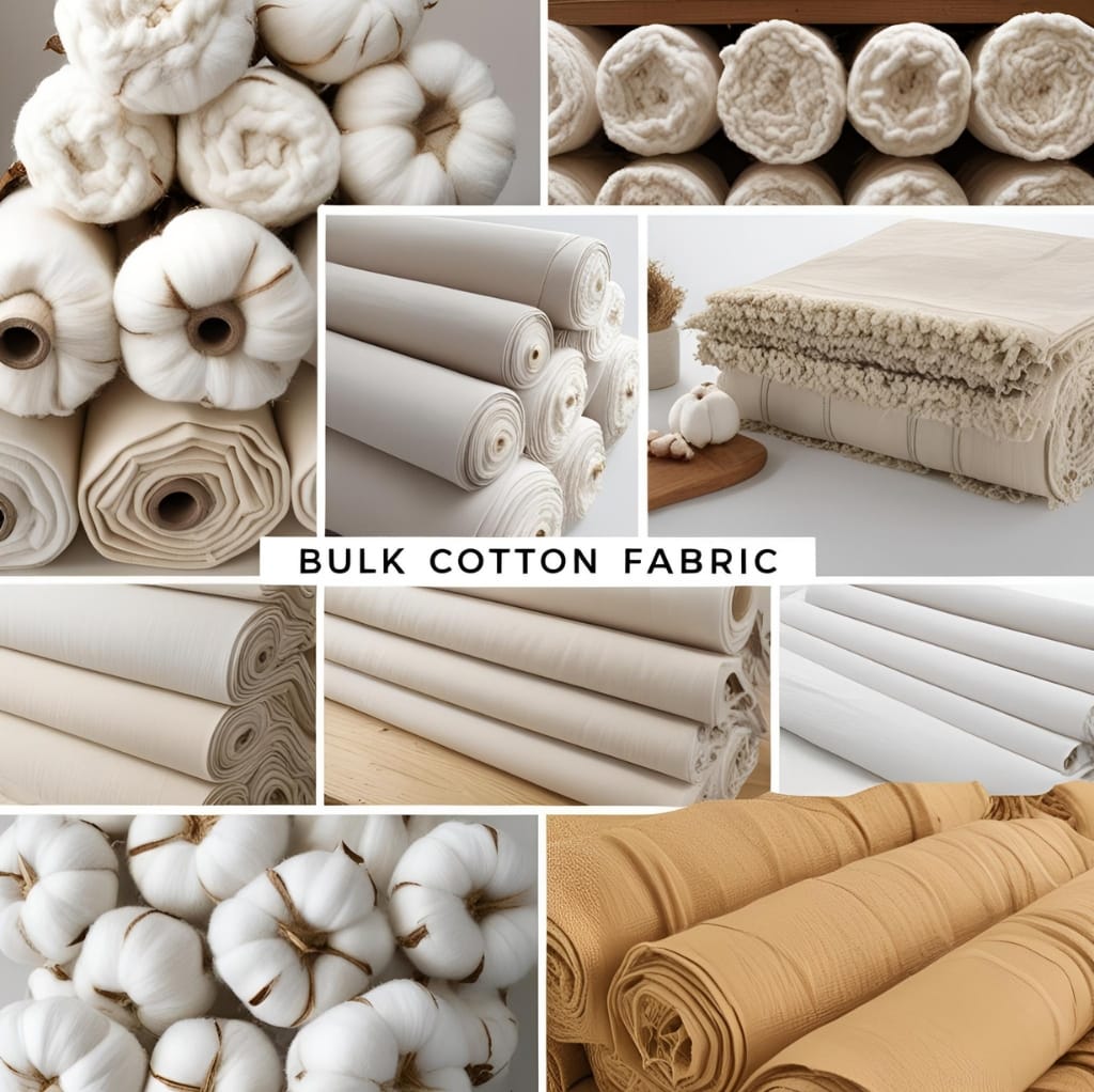 A collage of various rolls and bundles of white and beige cotton fabric, including raw cotton bolls, cotton yarn, and finished fabric bolts, with a central label that reads "Bulk Cotton Fabric."