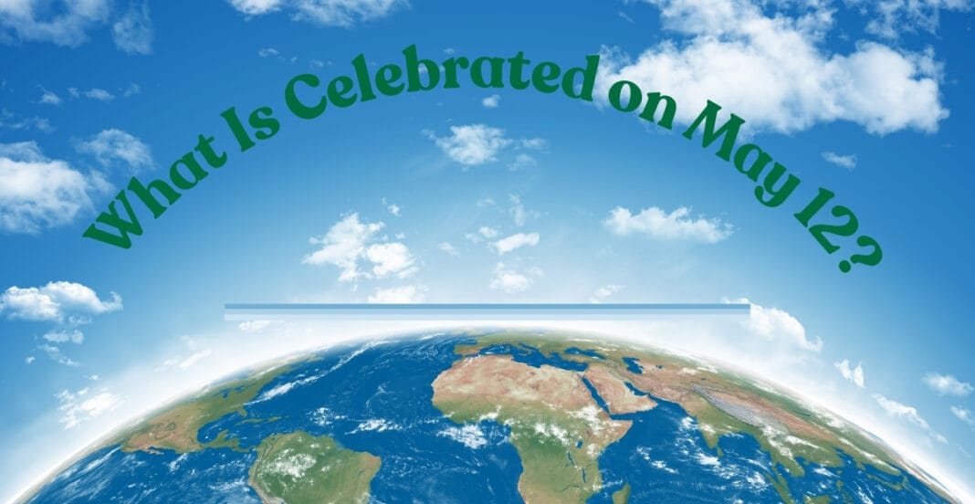 A view of Earth from space with a bright blue sky and scattered clouds, featuring green arched text that reads 