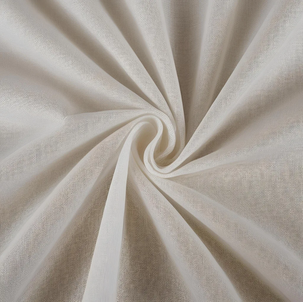A close-up image of lightweight, semi-transparent cotton voile fabric with a soft, smooth texture, gently twisted in a spiral.