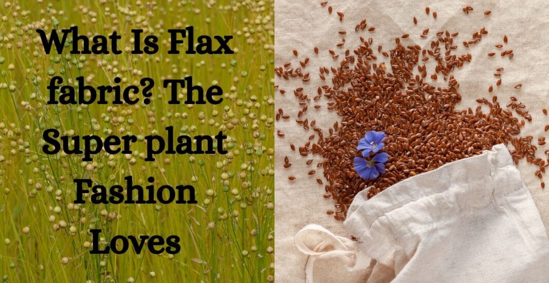 A split image featuring a field of flax flowers on the left and a close-up of flax seeds spilling from a white cloth bag on the right.