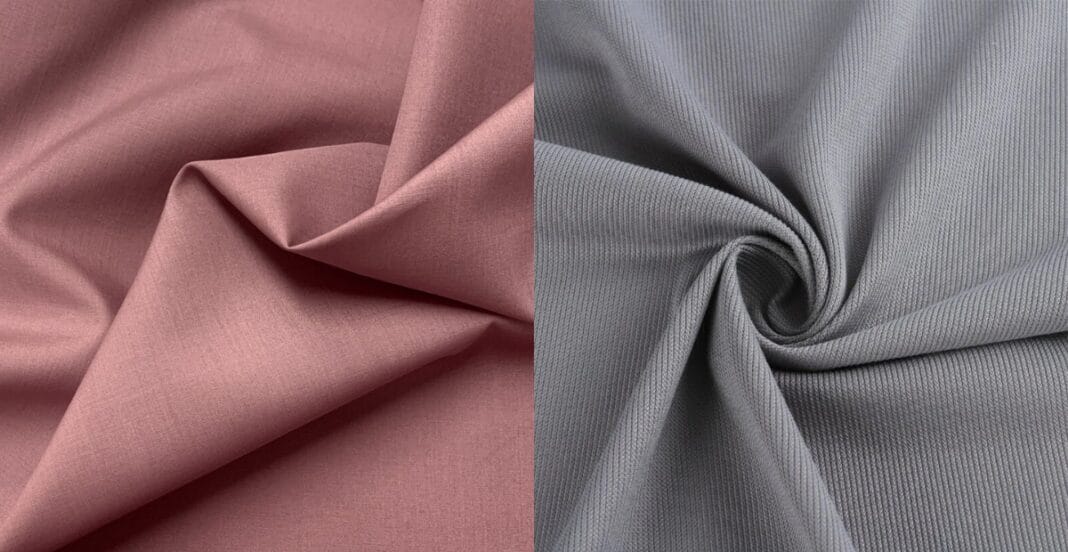 Polycotton fabric swatches in pink and gray, showcasing smooth and textured weave finishes.