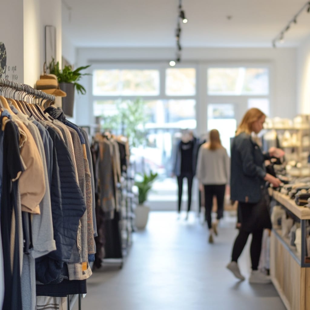 Interior view of a clothing store showcasing a variety of garments on racks, with shoppers browsing. Cloth Made in USA