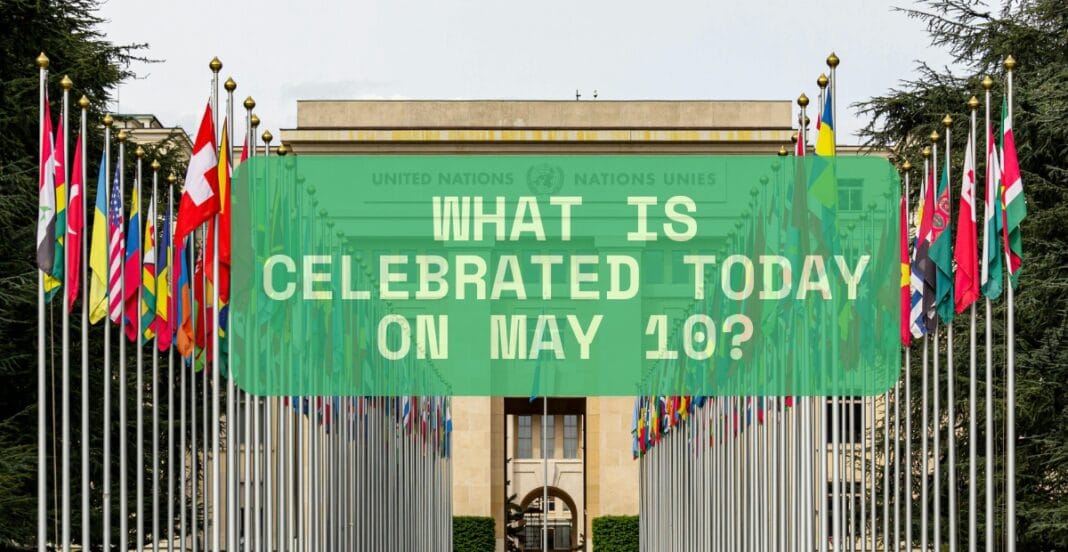 Flags of various countries lined up along poles in front of the United Nations building, with a green banner in the center that reads, 