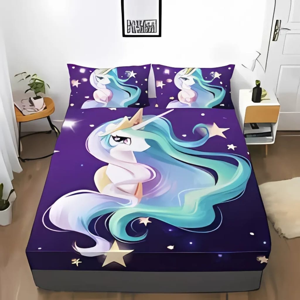 A neatly made bed with a vibrant, cartoon-style bedspread featuring a unicorn with flowing aqua-blue mane and tail, set against a dark purple background with stars and clouds. There are matching pillowcases with the same unicorn design. The bed is flanked by nightstands on each side, one with a plant and the other with a small bottle and decor. A framed picture hangs on the white wall above the headboard