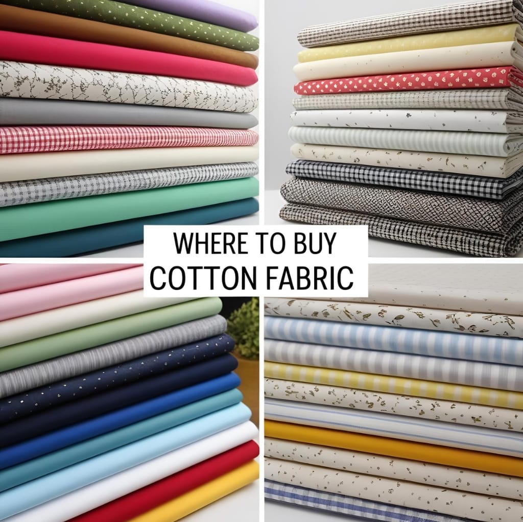 A collage of neatly folded cotton fabrics in various colors and patterns, with the text "WHERE TO BUY COTTON FABRIC" in the center.