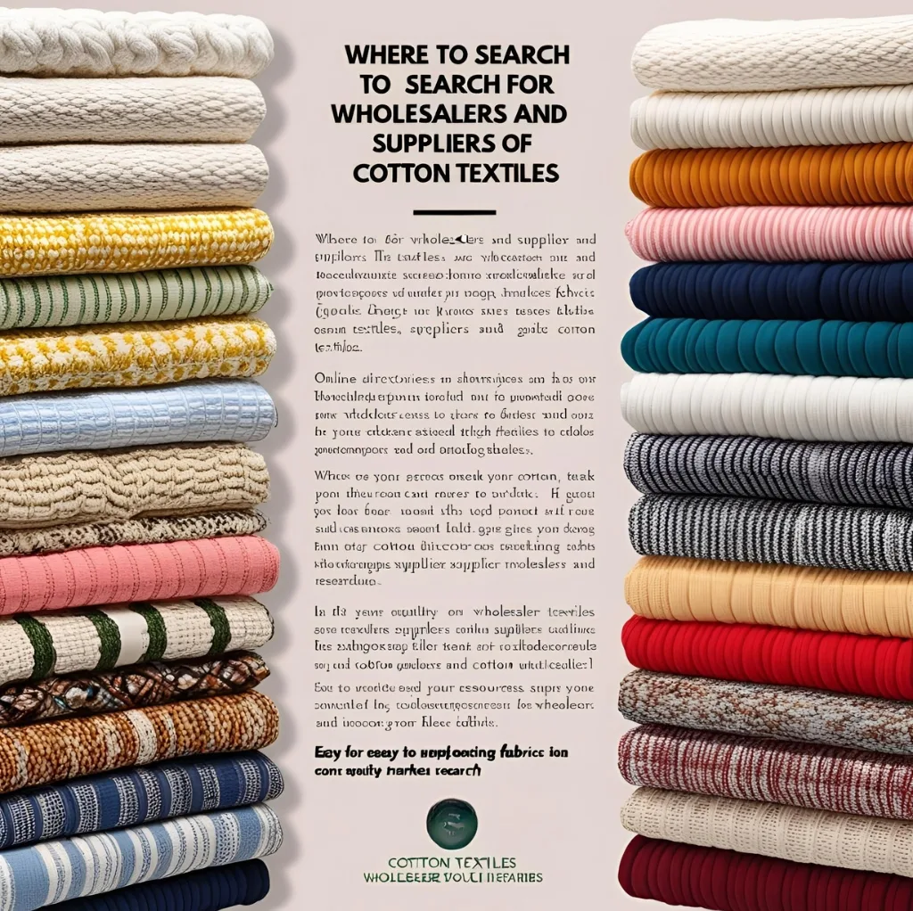 A page featuring neatly folded cotton textiles on each side, with a vertical text block in the center. The textiles include various colors and textures, including plain, patterned, and striped fabrics. The center text provides information about where to search for wholesalers and suppliers of cotton textiles.