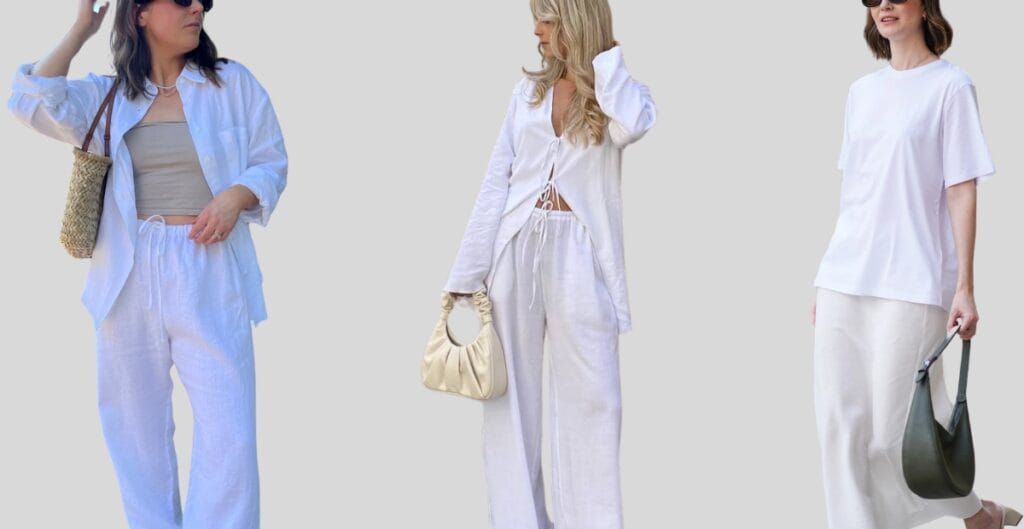 Three women standing against a light gray background, dressed in casual white summer outfits. Each woman carries a purse, and they wear sunglasses.