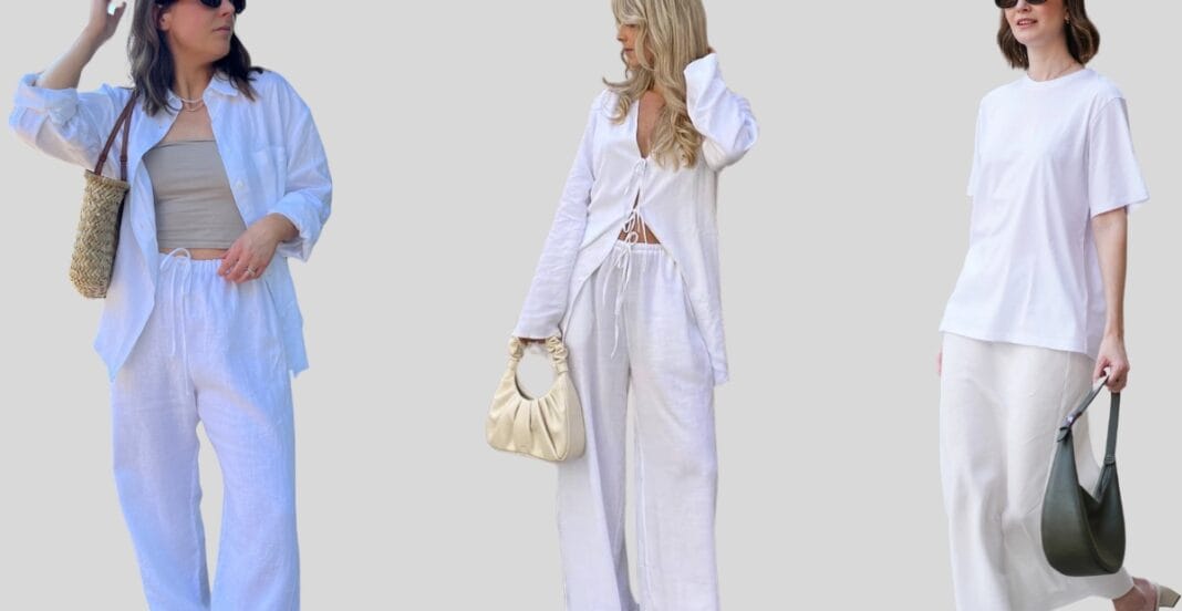 Three women standing against a light gray background, dressed in casual white summer outfits. Each woman carries a purse, and they wear sunglasses.