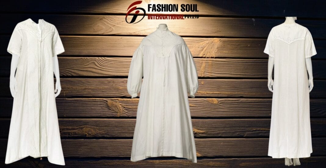 Three traditional white dresses hang on a dark wooden background, with the center dress having a high collar and puffy long sleeves, and the dresses on the left and right featuring short sleeves and_more decorative yoke details. The top of the image has a logo and text that reads 