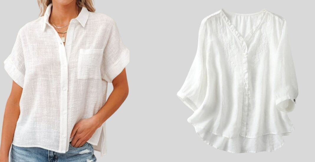 Two styles of white linen short sleeve blouse — one button-up with a collar, the other flowy with embroidery.