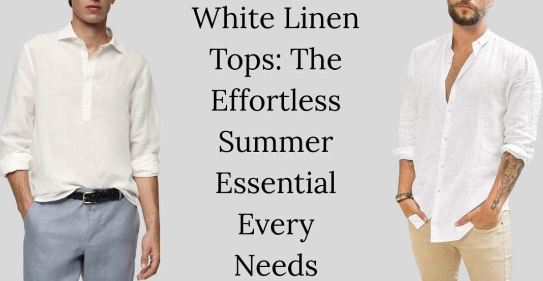 Two men wearing white linen tops, standing on either side of a text overlay that reads 