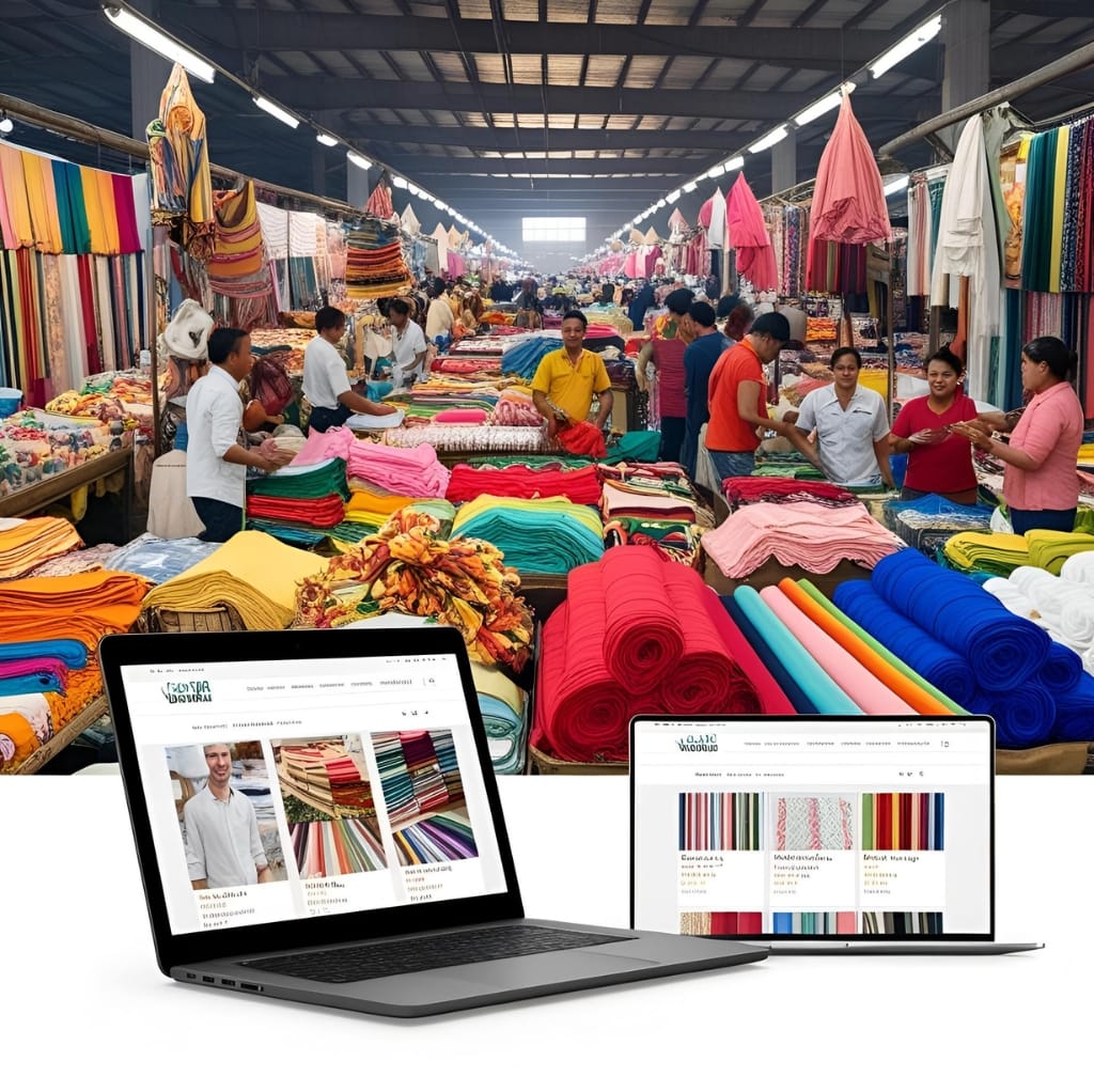 A bustling indoor textile market filled with vendors and shoppers, with colorful fabrics displayed on tables and hanging from above. In the foreground, two laptops display online fabric stores, blending the physical market with digital shopping.