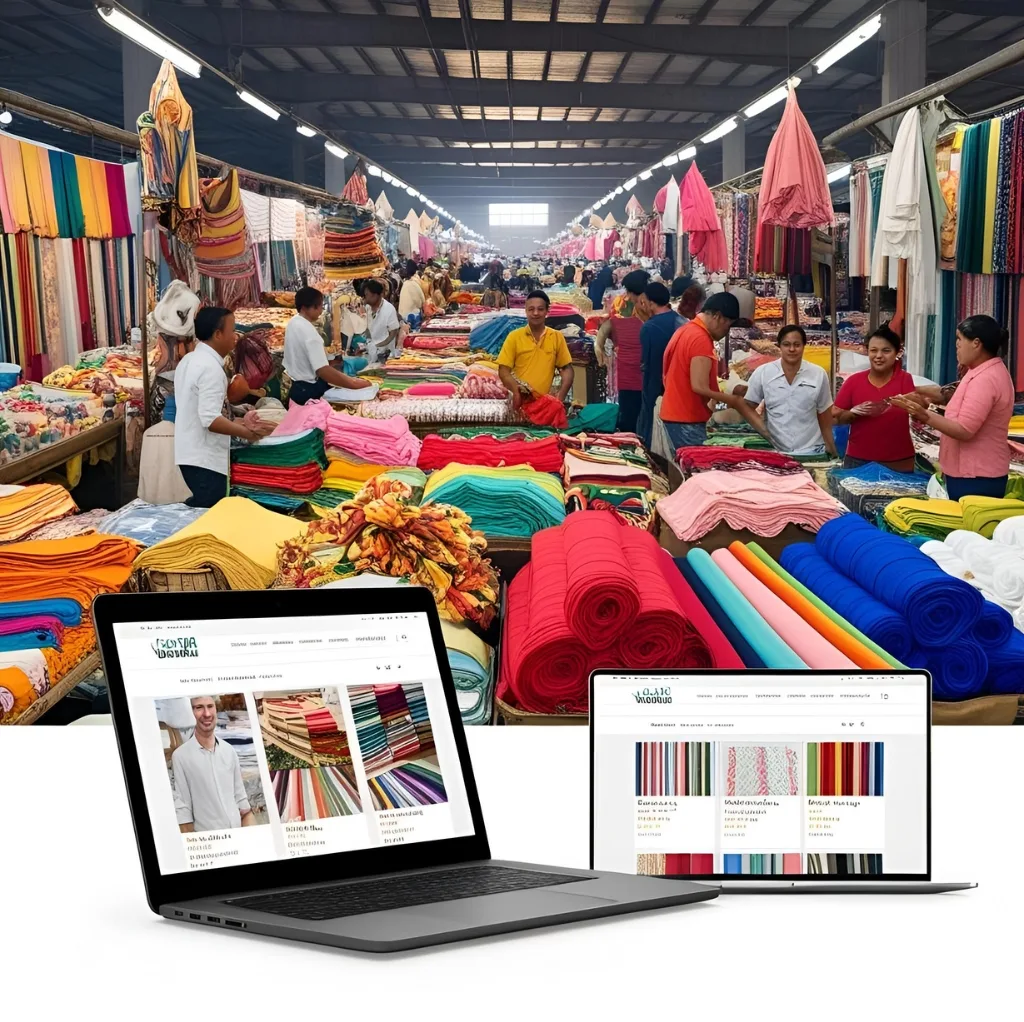 A bustling indoor textile market filled with vendors and shoppers, with colorful fabrics displayed on tables and hanging from above. In the foreground, two laptops display online fabric stores, blending the physical market with digital shopping.