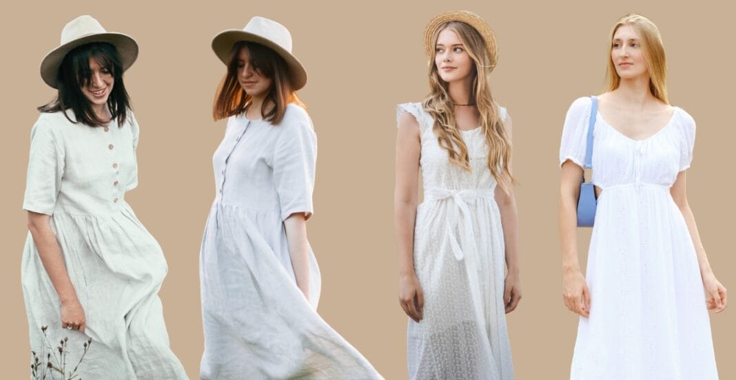A stylish woman wearing lightweight linen clothing outdoors, highlighting sustainable fashion made in the USA.
