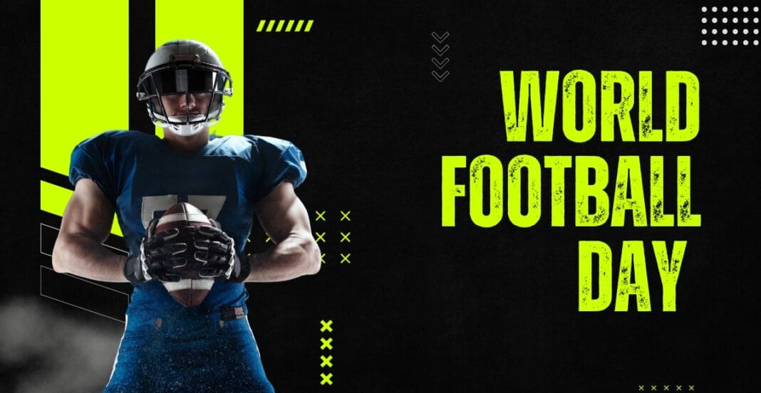A football player wearing a helmet and gloves, holding a football, standing in a confident pose against a dark background with bright green accents. The text reads 