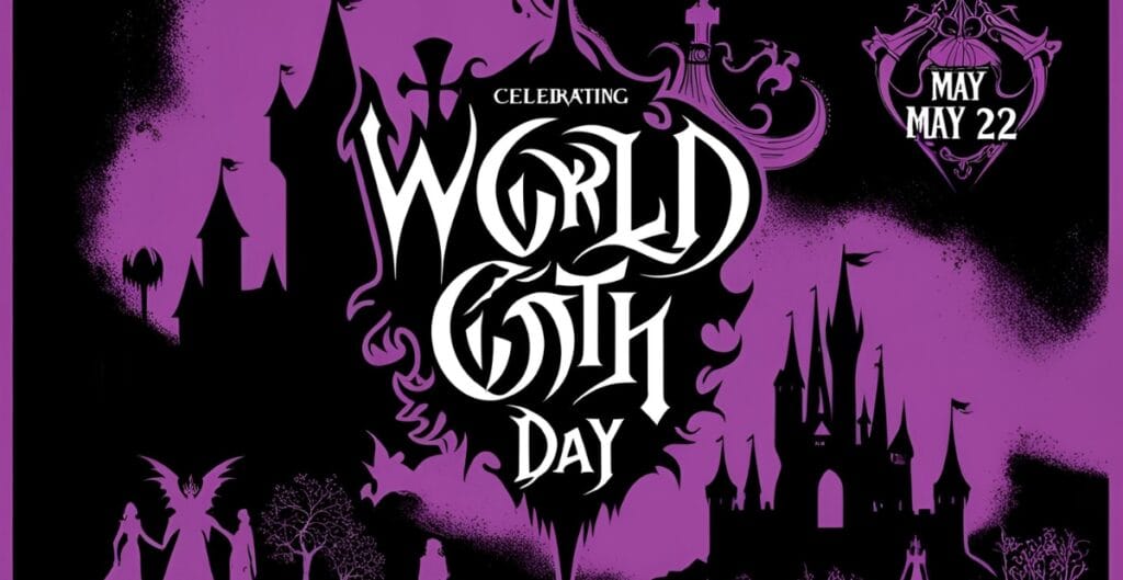 A dark, gothic-style illustration celebrating World Goth Day on May 22, featuring a purple and black haunted castle, bats, angels with wings, and ornate gothic elements.