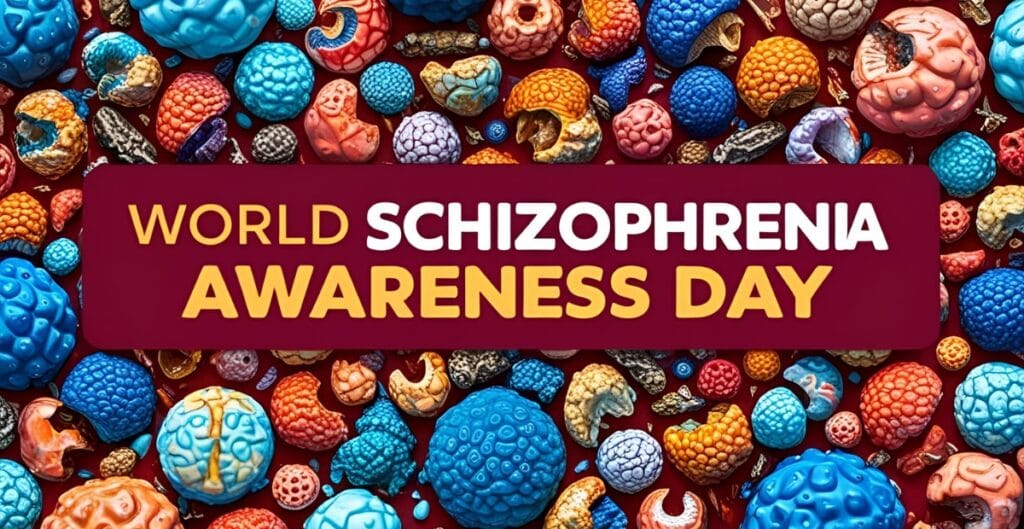 Colorful, abstract representations of brain-like structures in various shapes and sizes surrounding the text, celebrating World Schizophrenia Awareness Day.