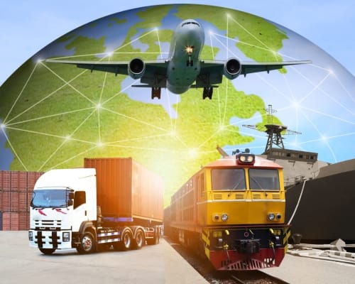 A digital illustration showing various modes of transportation (airplane, truck, train, cargo ship) in front of a globe, symbolizing global distribution networks.