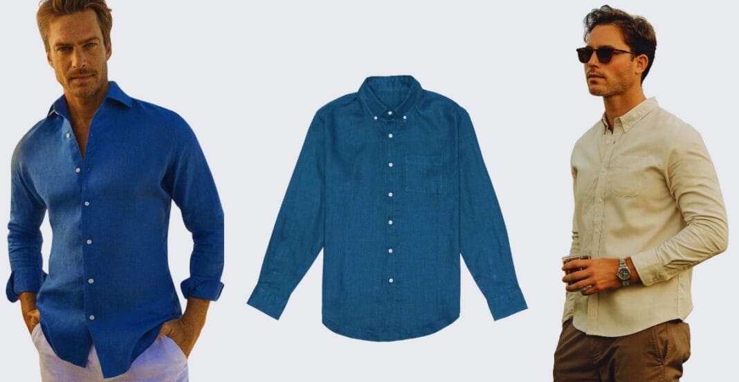 Three men's shirts are displayed against a plain background. The left shirt is a blue, long-sleeved button-up worn by a man with light brown hair, dressed casually with his hands in his pockets. The middle shirt is a blue long-sleeved button-up laid flat. The right shirt is a light beige long-sleeved button-up worn by a man with dark hair and sunglasses, holding a drink and looking to the side.