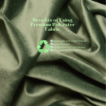 Close-up image of smooth, green premium polyester fabric with overlaid text highlighting its benefits, such as being lightweight, insect-resistant, mold and mildew resistant, durable, and travel-friendly.