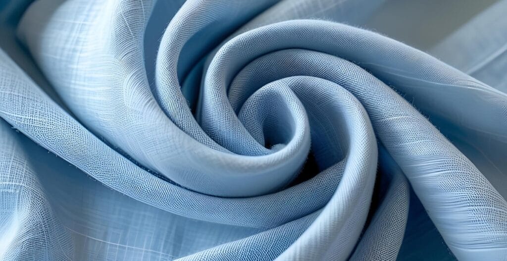 A close-up of light blue chambray fabric, intricately rolled into a spiral, showcasing its woven texture and soft sheen.