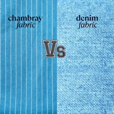 Comparison image showing chambray fabric on the left with vertical white and blue stripes, and denim fabric on the right with a classic blue denim weave pattern, with a "Vs" in the center indicating a comparison.