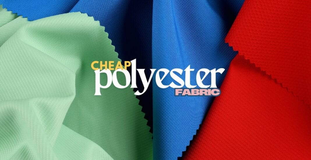 Close-up image of colorful polyester fabric swatches in green, blue, and red, showcasing the texture and weave of the material, suitable for blog about affordable polyester fabrics.