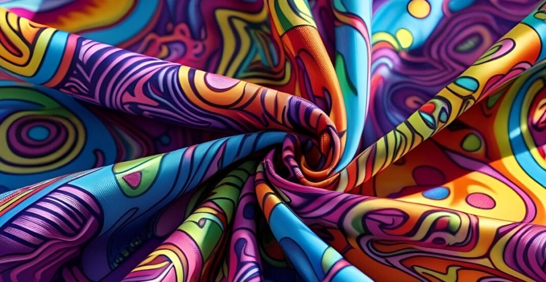 A vibrant, multicolored polyester fabric with swirling, abstract patterns in shades of purple, blue, green, orange, yellow, and pink, twisted into a spiral.