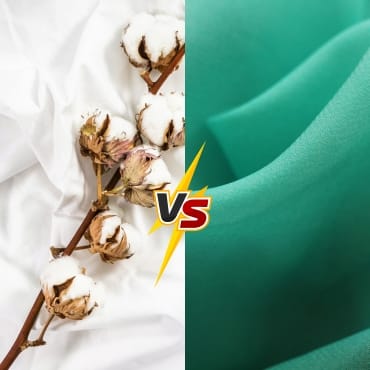 A comparison image showing a cotton fabric swatch and a polyester fabric swatch side by side.
