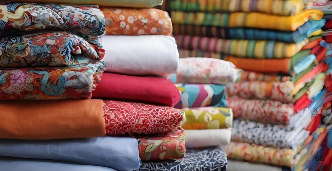 Stacks of colorful cotton textiles and fabrics arranged in a wholesale display.