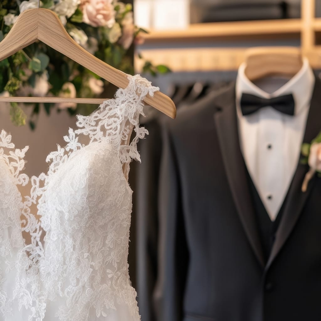 A close-up of a white lace wedding dress hanging on a wooden hanger with a tuxedo in the background. The tuxedo has a white shirt and black bow tie, with blurred flowers and decor behind.