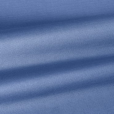 Close-up image of a soft, fit polyester knit fabric in a medium blue color, showing fine, even ribbing and smooth texture.