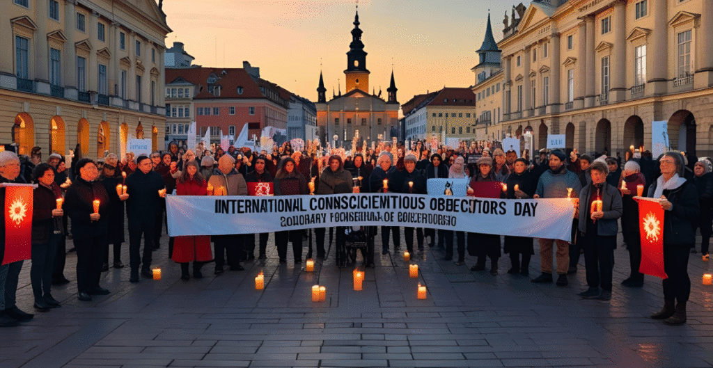 A large group of people holding candles and banners during a vigil in a city square at sunset, participating in an event for International Conscientious Objection Day.