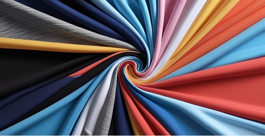 A swirl of colorful polyester jersey fabric sheets fanned out in a circular pattern.