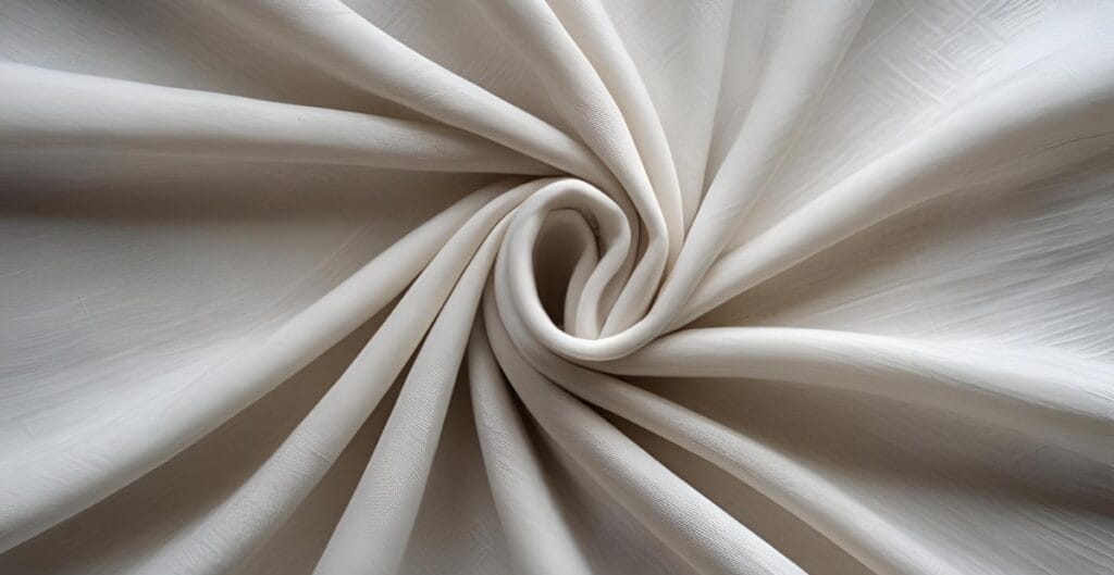 Close-up of a silky, draped fabric with a smooth, shiny surface, likely a polyester linen blend, arranged in a swirl pattern.