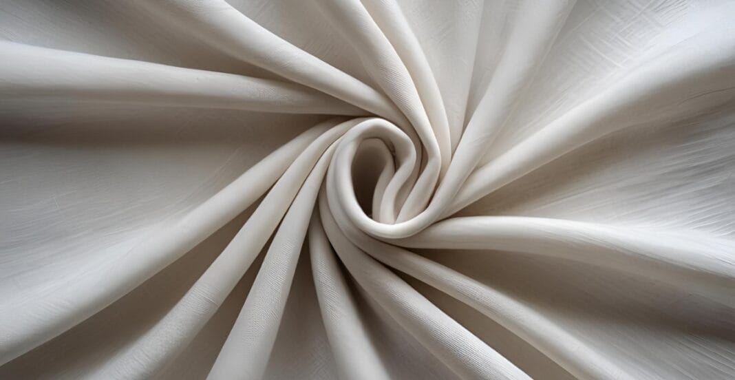 Close-up of a silky, draped fabric with a smooth, shiny surface, likely a polyester linen blend, arranged in a swirl pattern.