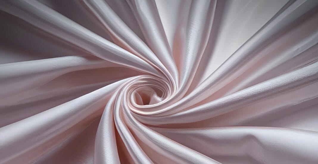 Close-up view of pink satin polyester fabric, elegantly twisted to showcase its smooth, shiny surface and fluid drape.