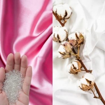 A comparison of two fabrics side by side: on the left, soft pink satin fabric with a hand holding some sugar crystals, indicating a smooth, shiny surface; on the right, dried cotton flowers resting on a crinkled white fabric, symbolizing natural, breathable cotton.