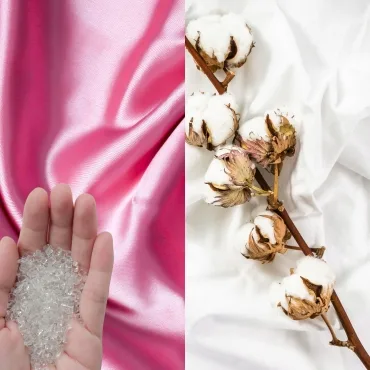 A comparison of two fabrics side by side: on the left, soft pink satin fabric with a hand holding some sugar crystals, indicating a smooth, shiny surface; on the right, dried cotton flowers resting on a crinkled white fabric, symbolizing natural, breathable cotton.