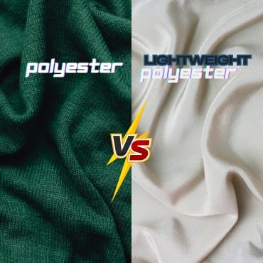 Comparison between polyester and lightweight polyester fabrics, with the former appearing in green and the latter in a creamy beige color, separated by a lightning bolt symbol with "VS" in the center.