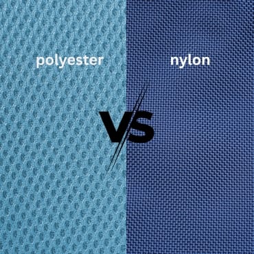 Close-up of two fabric swatches, one labeled "Polyester" and the other "Nylon," showing their textures side by side.