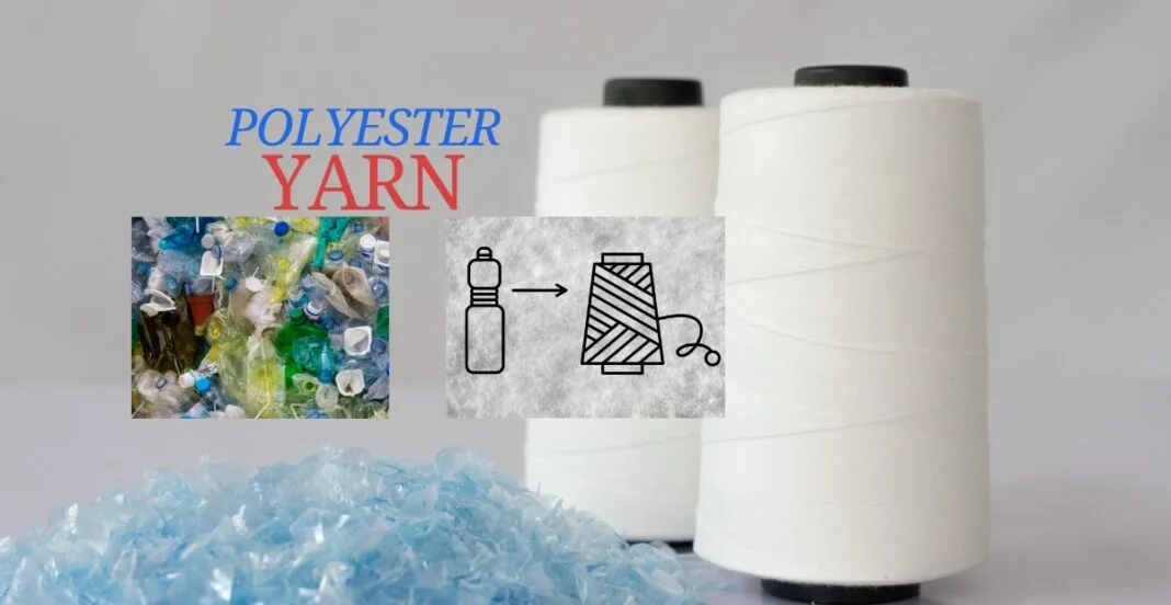 Diagram showing the process of converting PET plastic into polyester yarn, including stages like PET collection, cleaning, melting, spinning, and yarn formation.