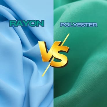 Comparison of fabrics: rayon on the left, polyester on the right, with a "VS" in the center.