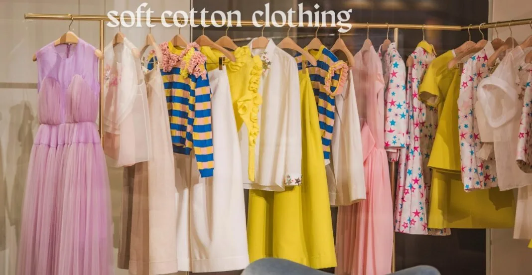 A display of colorful, soft cotton clothing on hangers in a store, featuring dresses, tops, and jackets in pastel and bright shades.