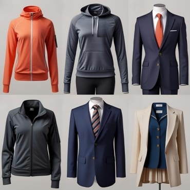 A collection of six different clothing items, including a red hoodie, a gray athletic hoodie, a navy blazer with a red tie, a black jacket, a navy suit with a striped tie, and a beige blazer over a blue top, all showcasing various uses of polyester fabric.