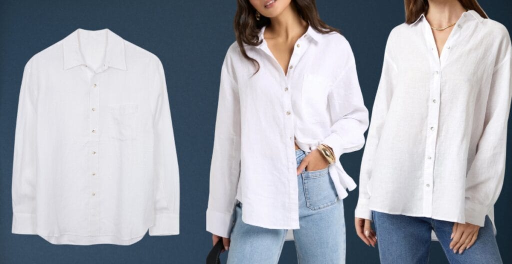 A side-by-side comparison of three white button-up shirts. The first shirt is displayed flat against a blue background, while the second and third shirts are worn by women, styled casually with jeans.