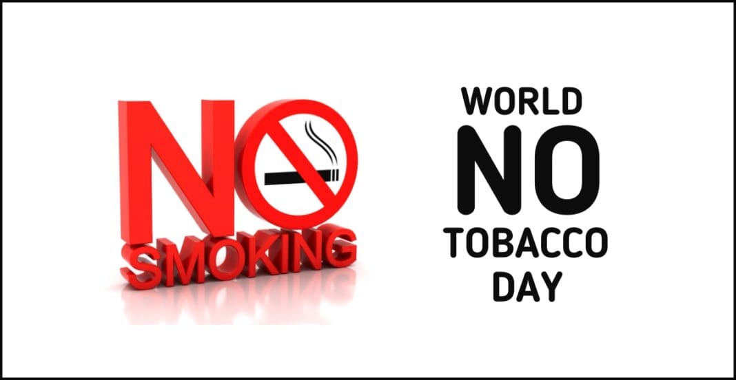 3D red “No Smoking” symbol with a crossed-out cigarette next to bold text reading “World No Tobacco Day.”