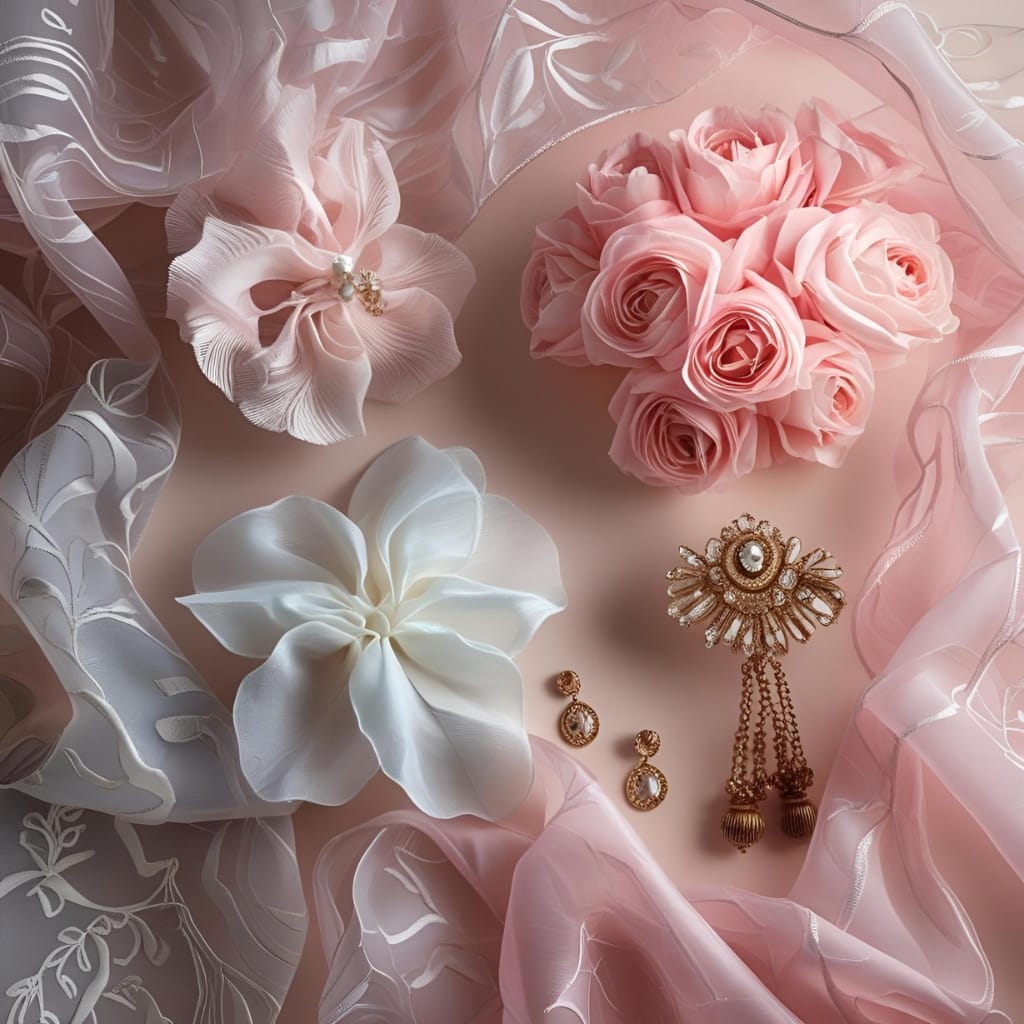 A collection of elegant accessories, including earrings, a brooch, and fabric flowers, arranged on soft pink and white organza silk and sheer lace.