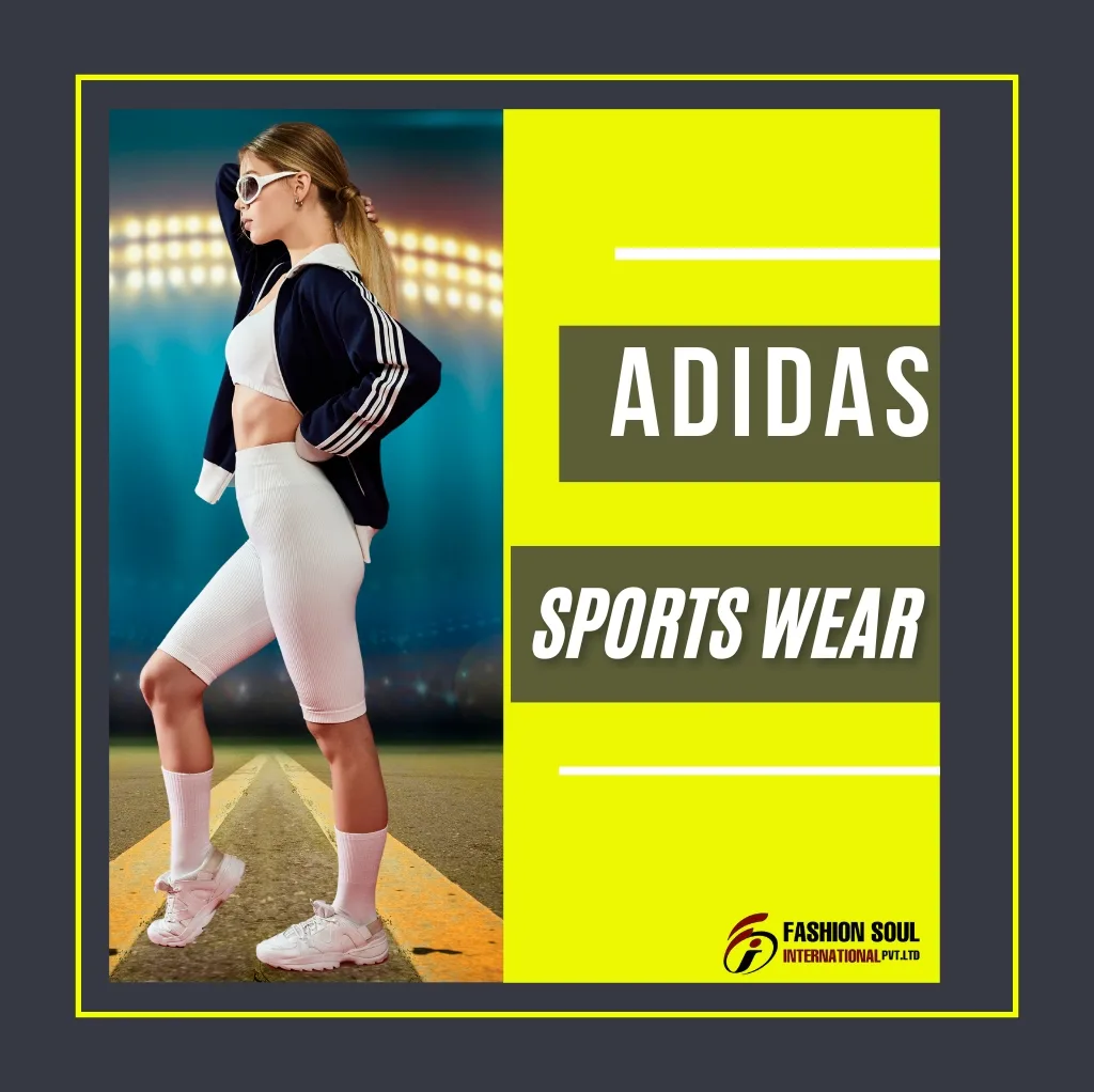 A woman in athletic wear standing on a running track at night, wearing white sports bra, leggings, and a navy jacket, with "ADIDAS" and "SPORTS WEAR" text on a yellow background, and the logo of Fashion Soul International in the bottom right corner.